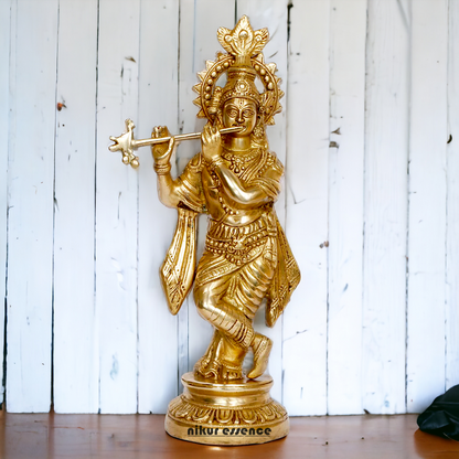 Solid Brass Krishna Playing Flute idol - 15 Inch Nikuressence