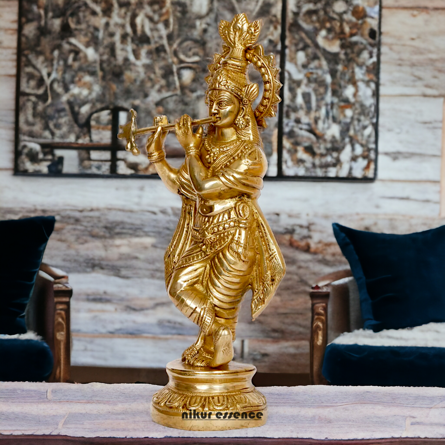 Solid Brass Krishna Playing Flute idol - 15 Inch Nikuressence