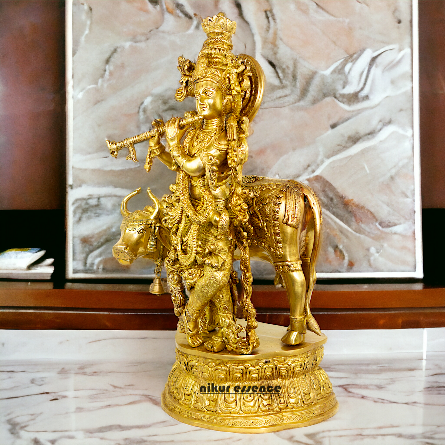 Big Krishna with cow solid Brass idol - 28 Inch Nikuressence