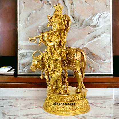 Big Krishna with cow solid Brass idol - 28 Inch Nikuressence