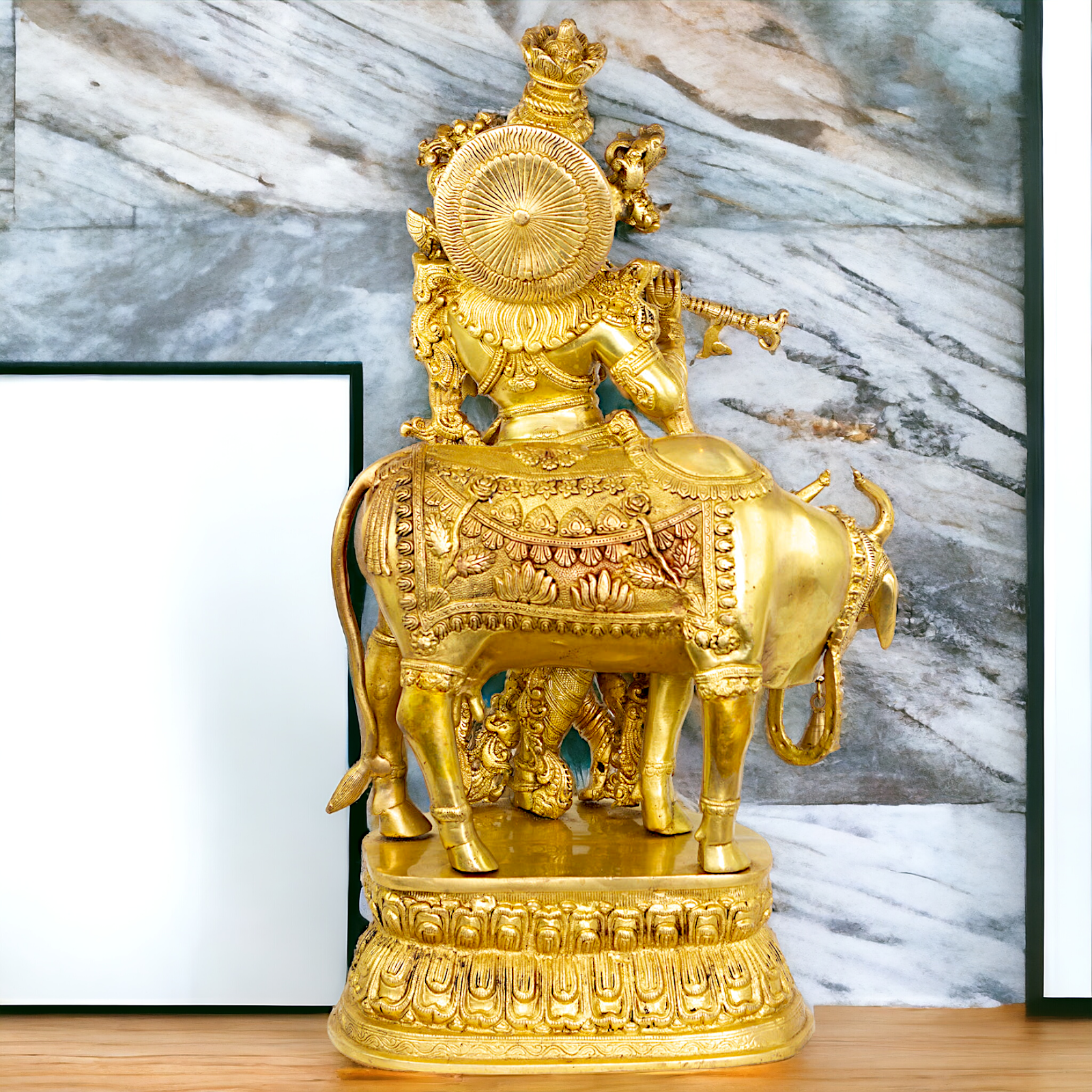 Big Krishna with cow solid Brass idol - 28 Inch Nikuressence
