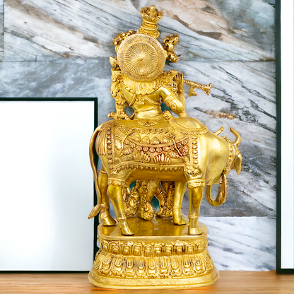 Big Krishna with cow solid Brass idol - 28 Inch Nikuressence