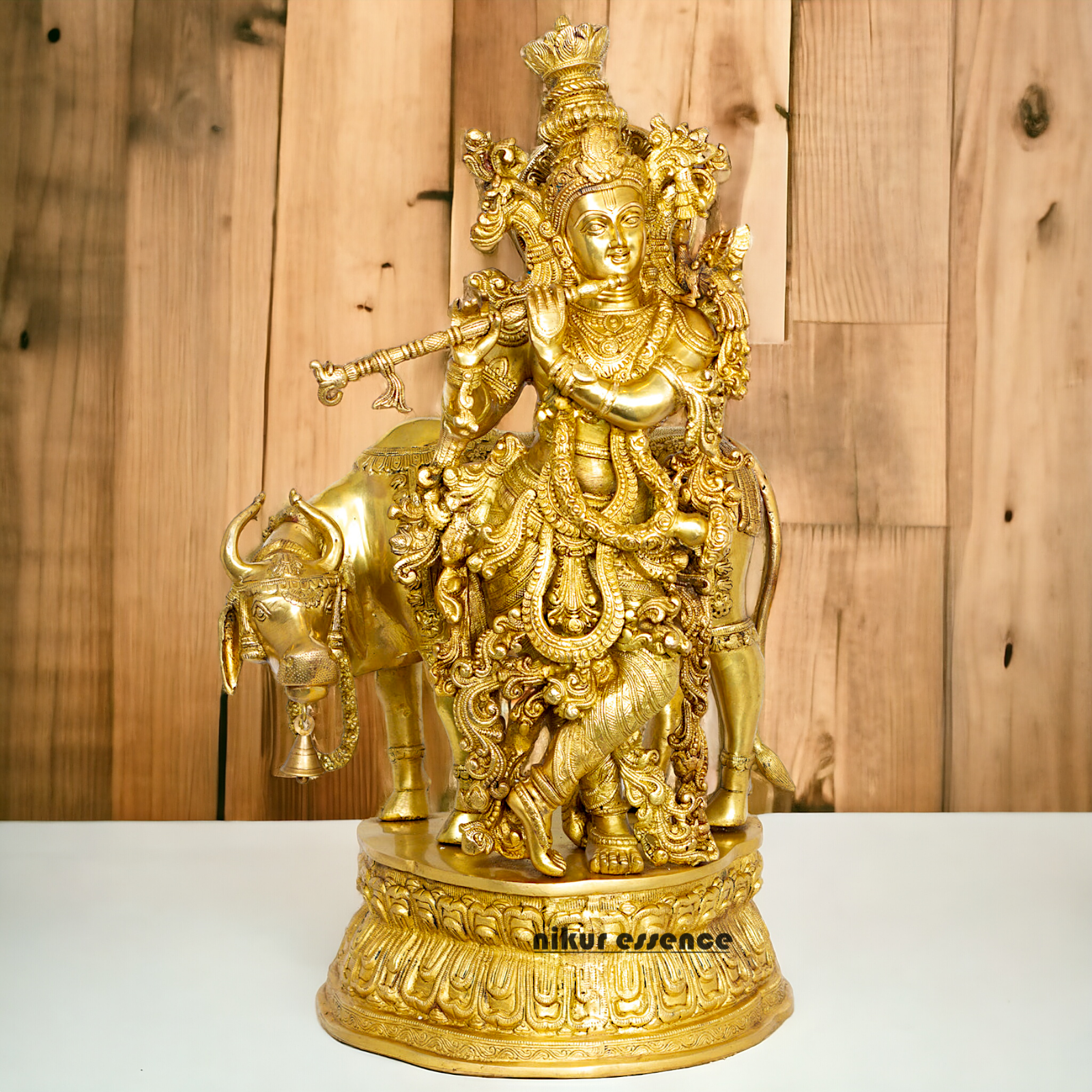 Big Krishna with cow solid Brass idol - 28 Inch Nikuressence