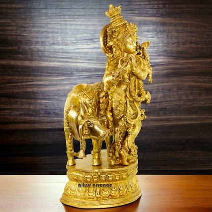 Big Krishna with cow solid Brass idol - 28 Inch Nikuressence