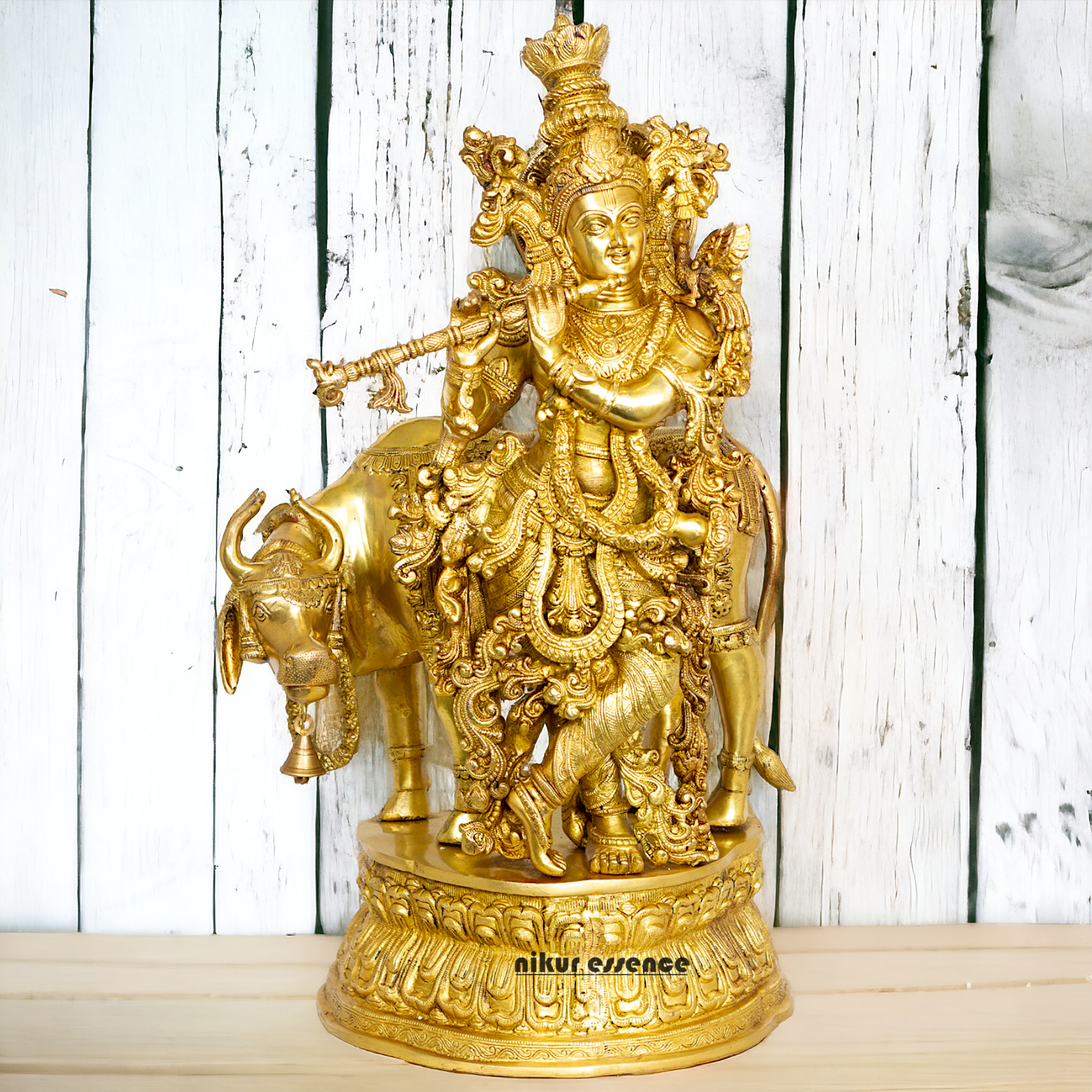 Big Krishna with cow solid Brass idol - 28 Inch Nikuressence