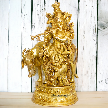 Big Krishna with cow solid Brass idol - 28 Inch Nikuressence