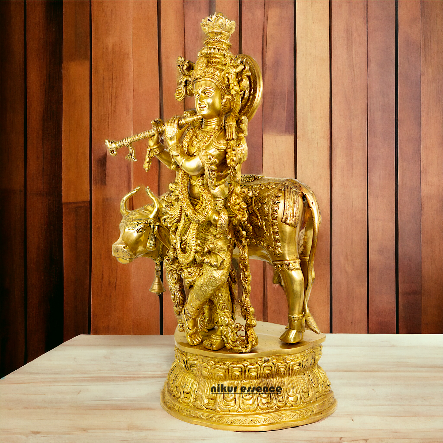 Big Krishna with cow solid Brass idol - 28 Inch Nikuressence