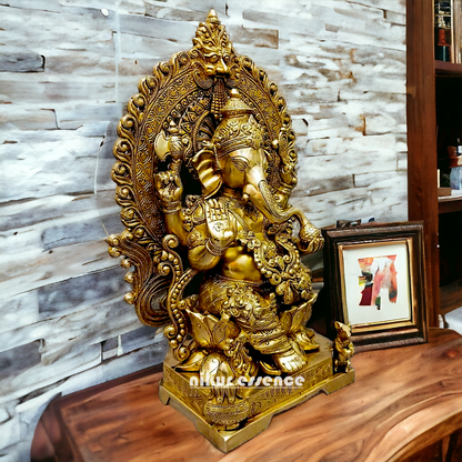 Large Ganesha Seated on Lotus Solid Brass idol - 18 Inch Nikuressence