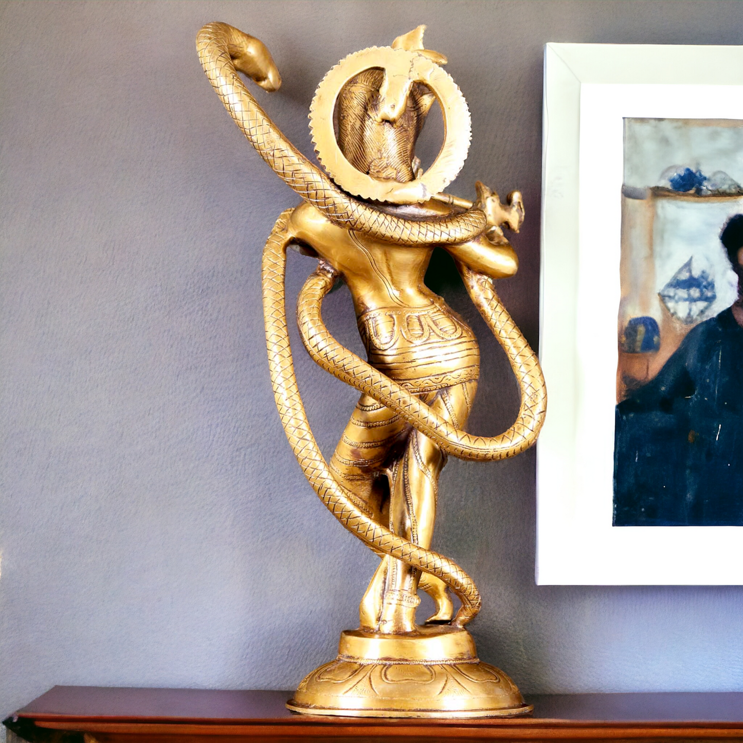 Lord Krishna God with Kaliya Naag Solid Brass idol - 15 inches Nikuressence