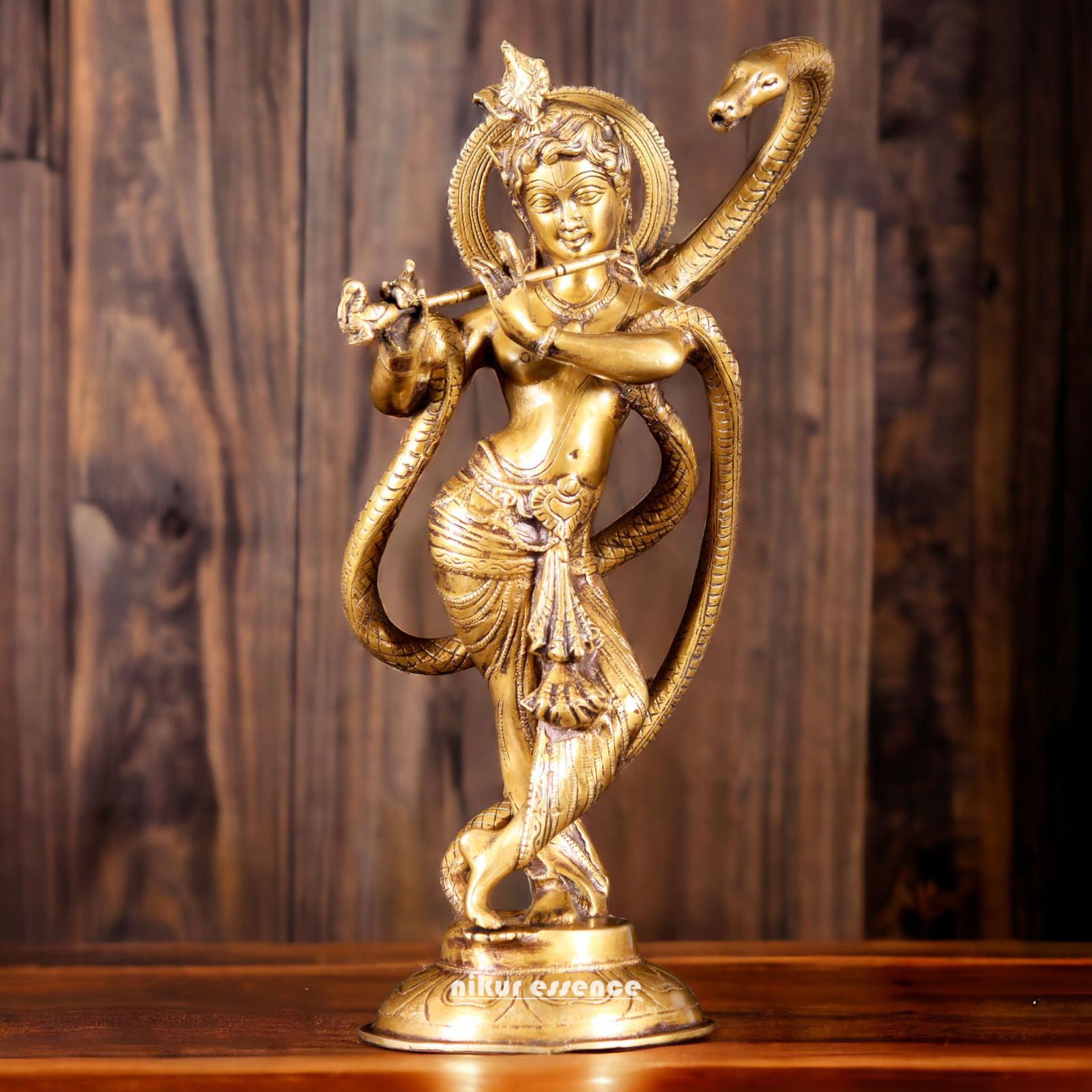 Lord Krishna God with Kaliya Naag Solid Brass idol - 15 inches Nikuressence