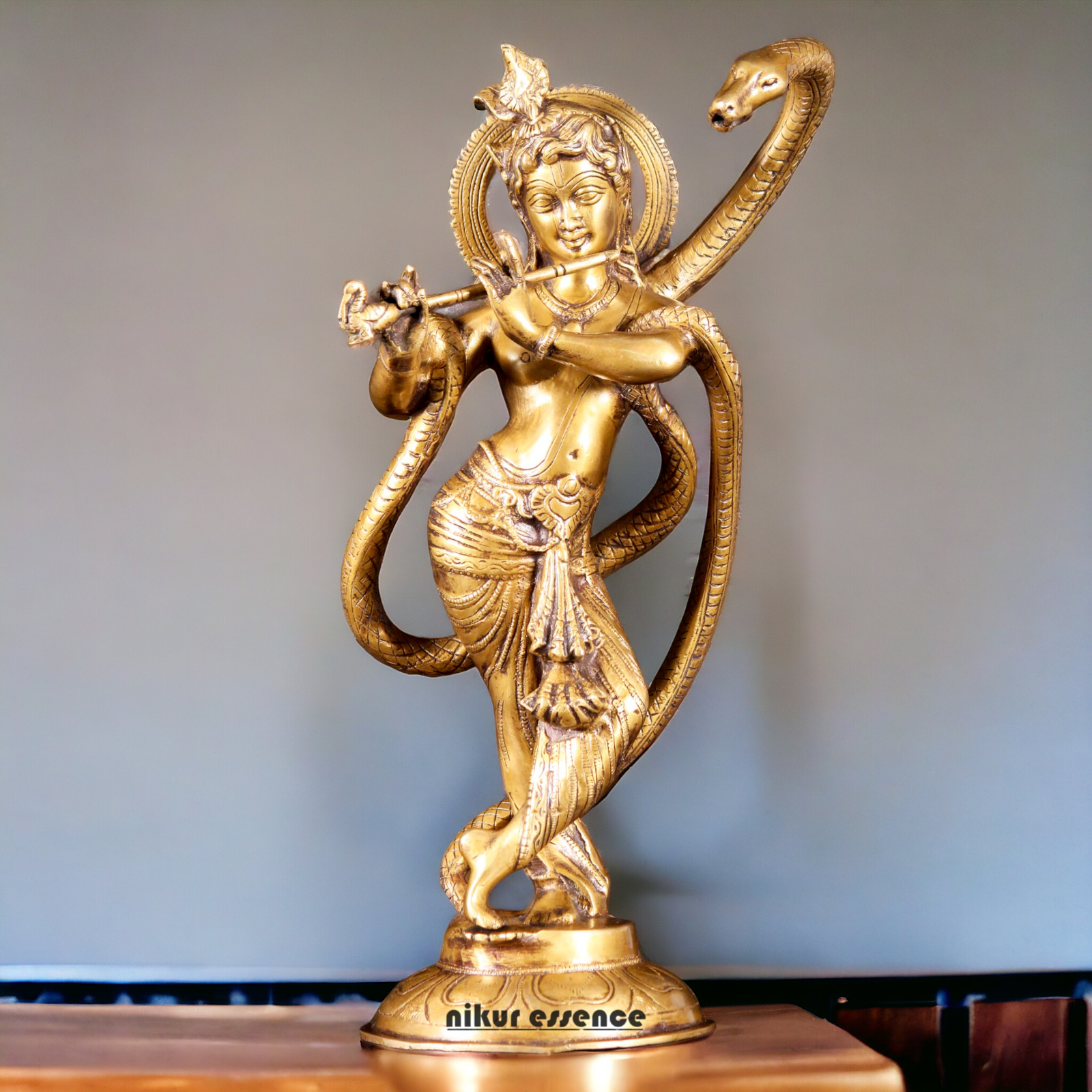 Lord Krishna God with Kaliya Naag Solid Brass idol - 15 inches Nikuressence