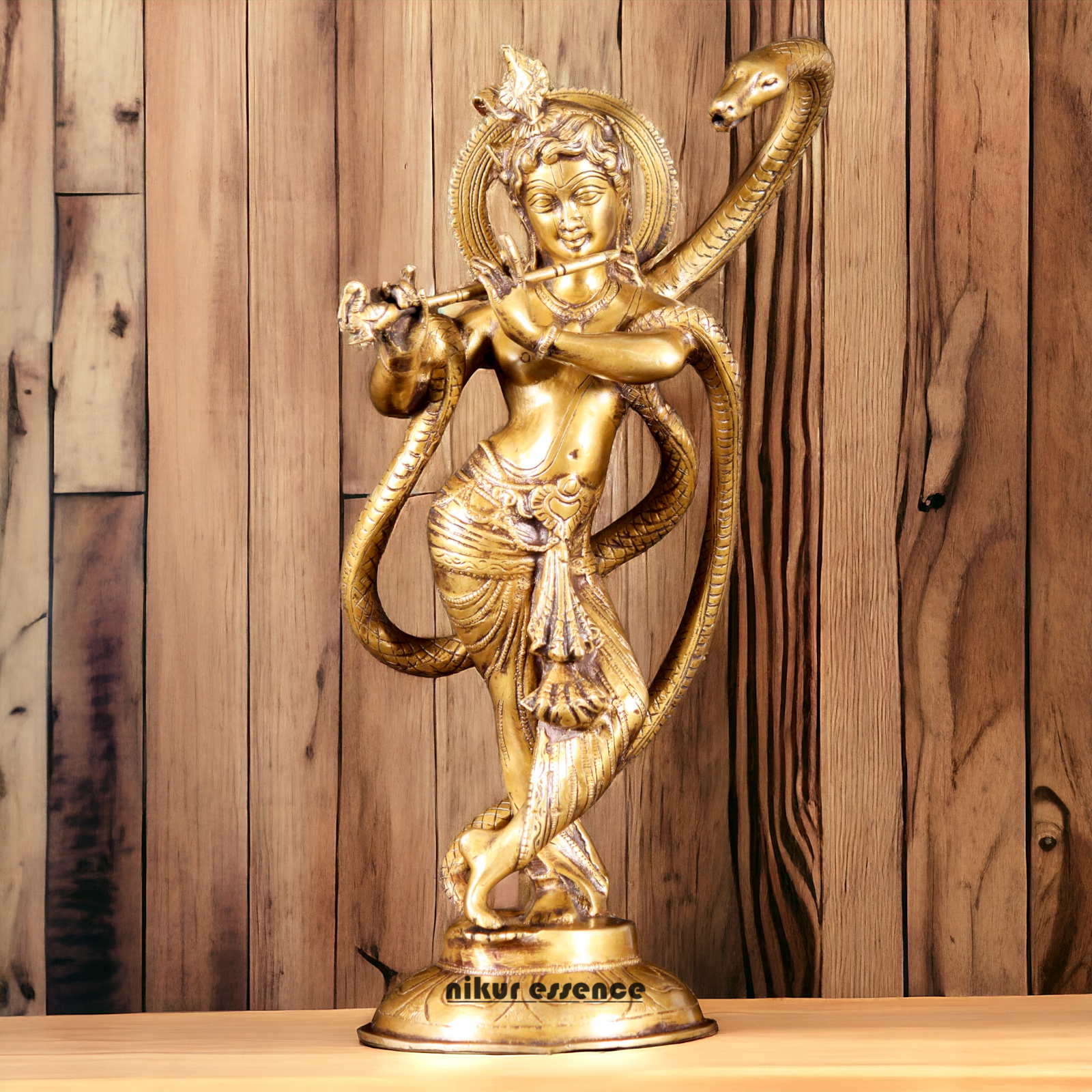 Lord Krishna God with Kaliya Naag Solid Brass idol - 15 inches Nikuressence