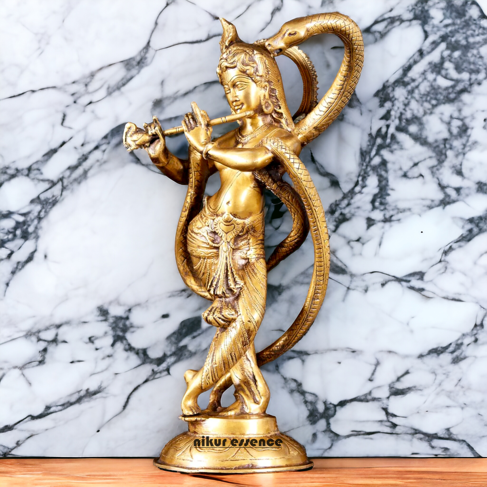 Lord Krishna God with Kaliya Naag Solid Brass idol - 15 inches Nikuressence