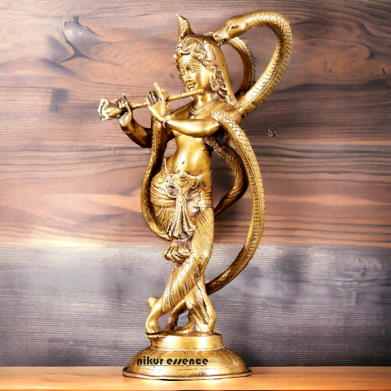 Lord Krishna God with Kaliya Naag Solid Brass idol - 15 inches Nikuressence