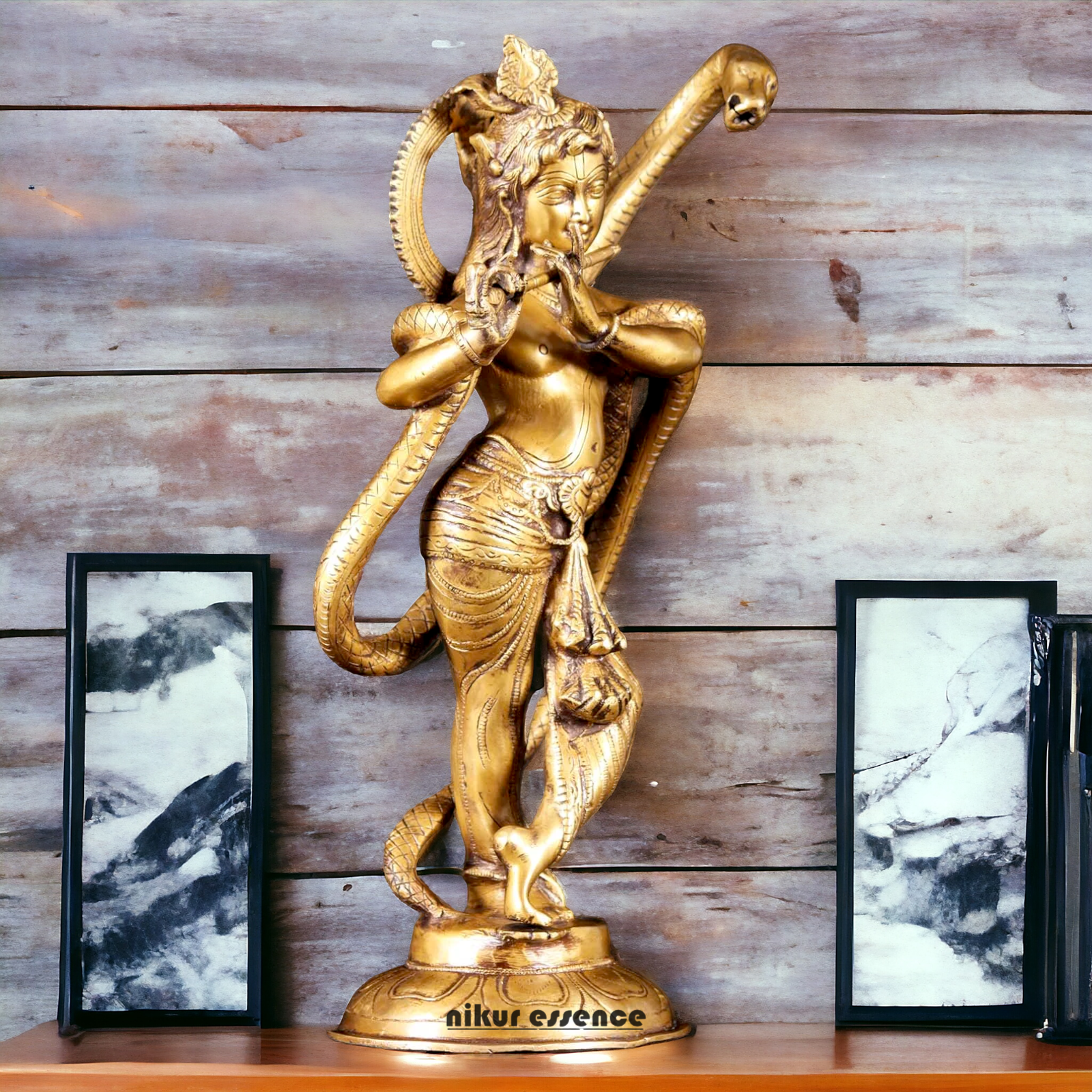 Lord Krishna God with Kaliya Naag Solid Brass idol - 15 inches Nikuressence