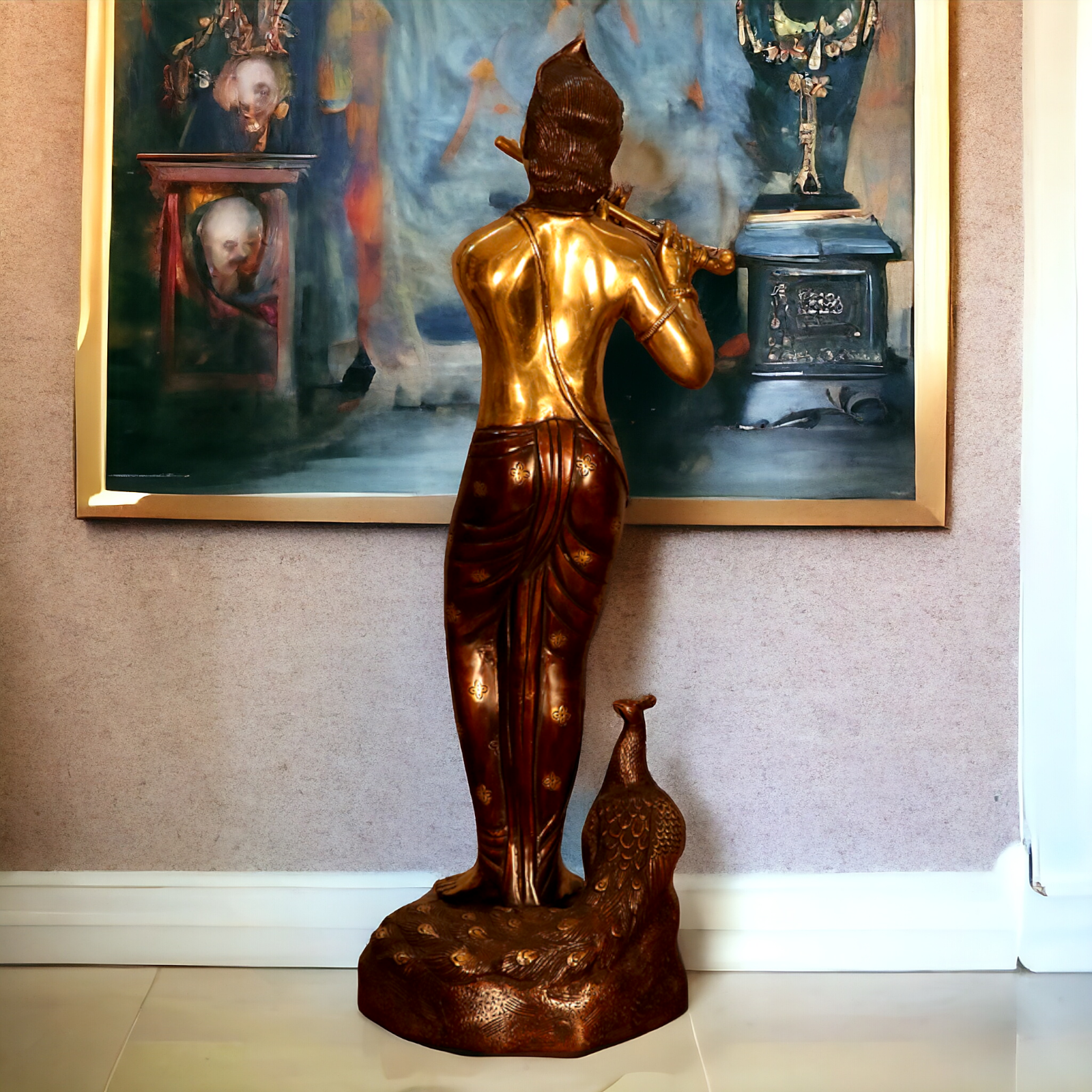 Buy Krishna Bhagwan Playing Flute with peacock Brass statue - 29 inches Nikuressence