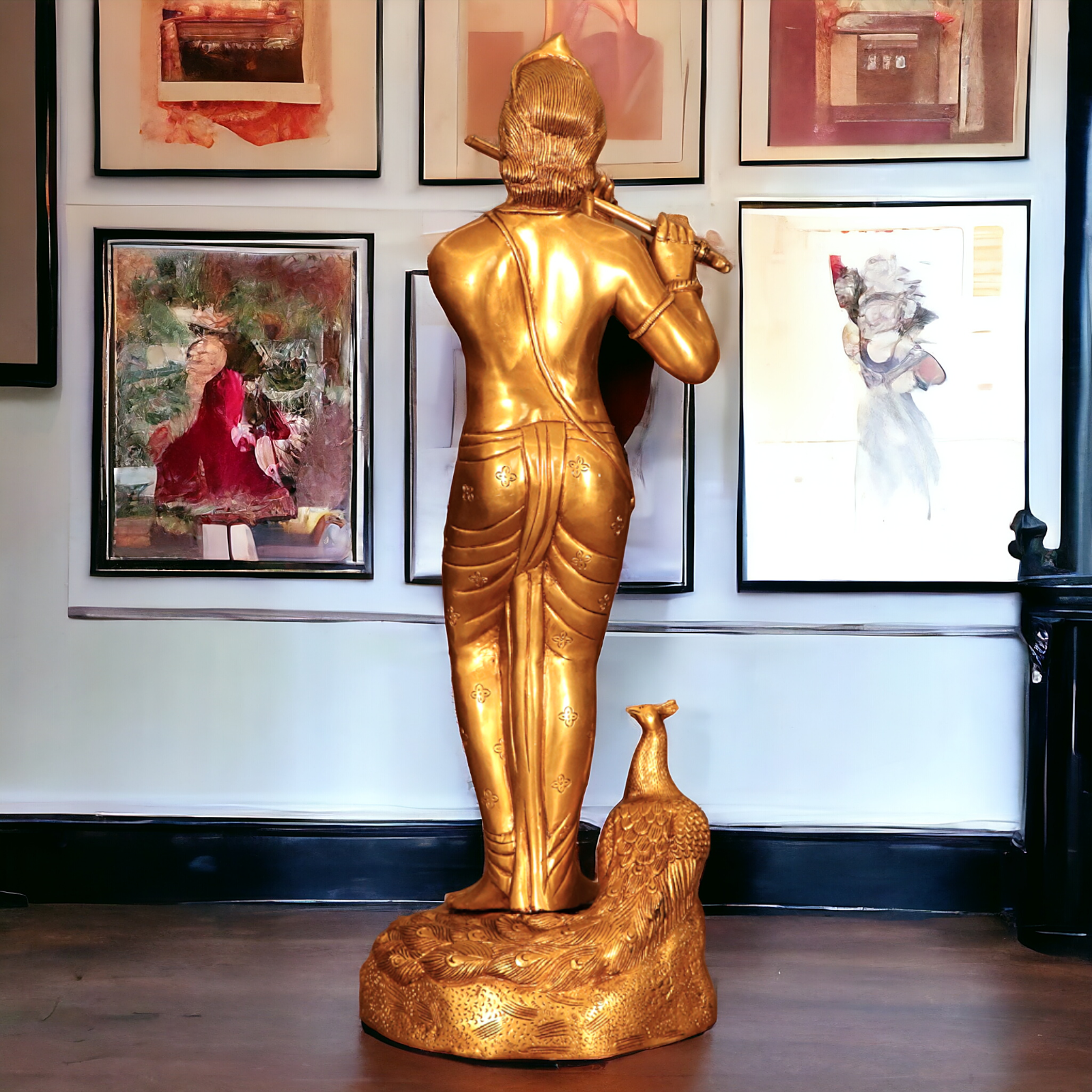 Brass Krishna Murli Playing Flute with peacock statue - 29 inches Nikuressence