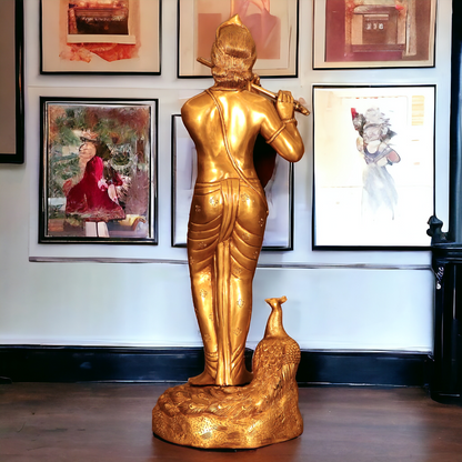 Brass Krishna Murli Playing Flute with peacock statue - 29 inches Nikuressence