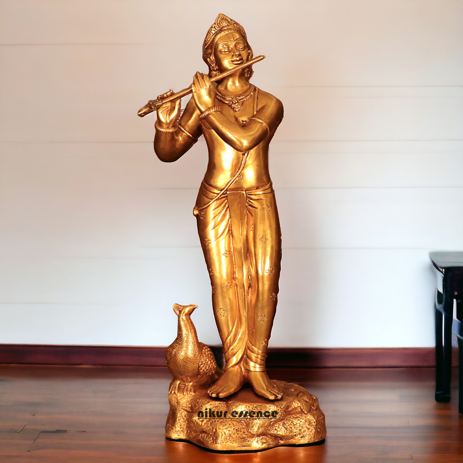 Brass Krishna Murli Playing Flute with peacock statue - 29 inches Nikuressence