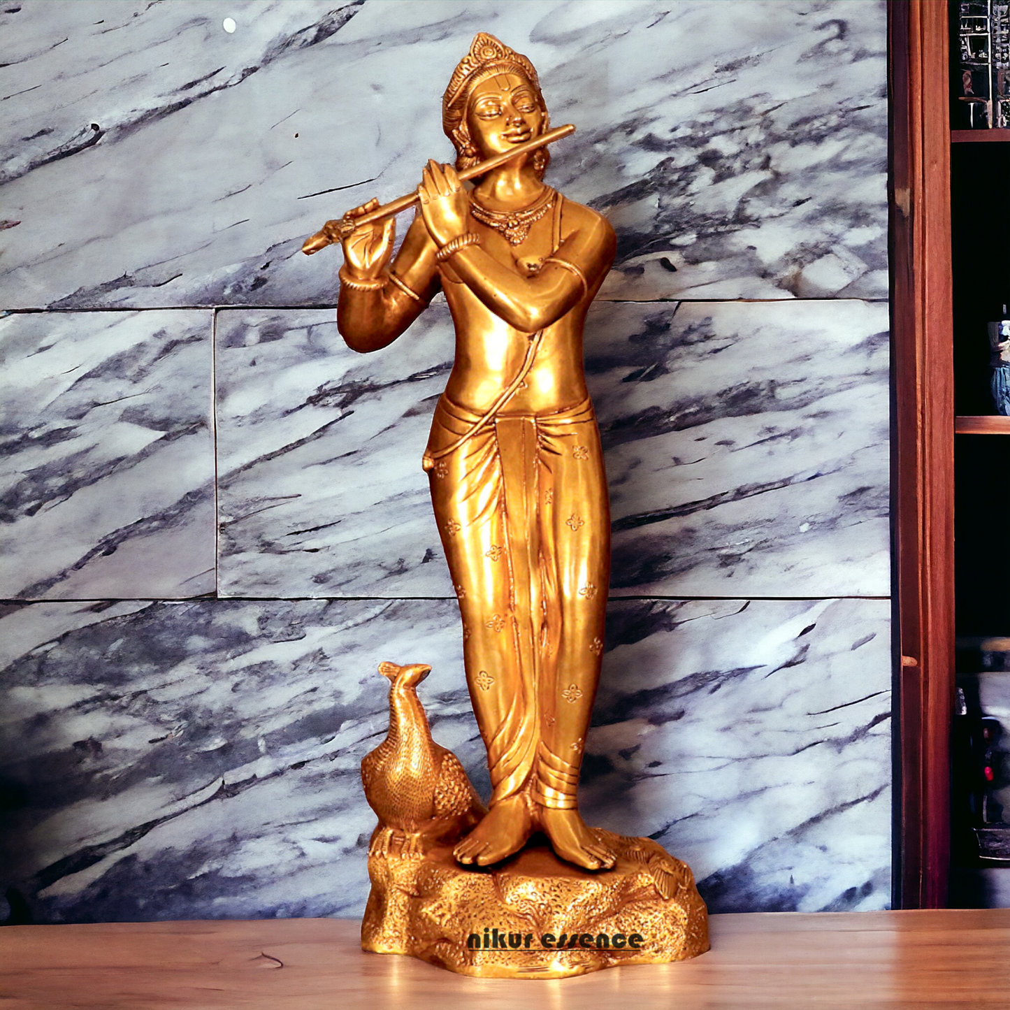 Brass Krishna Murli Playing Flute with peacock statue - 29 inches Nikuressence