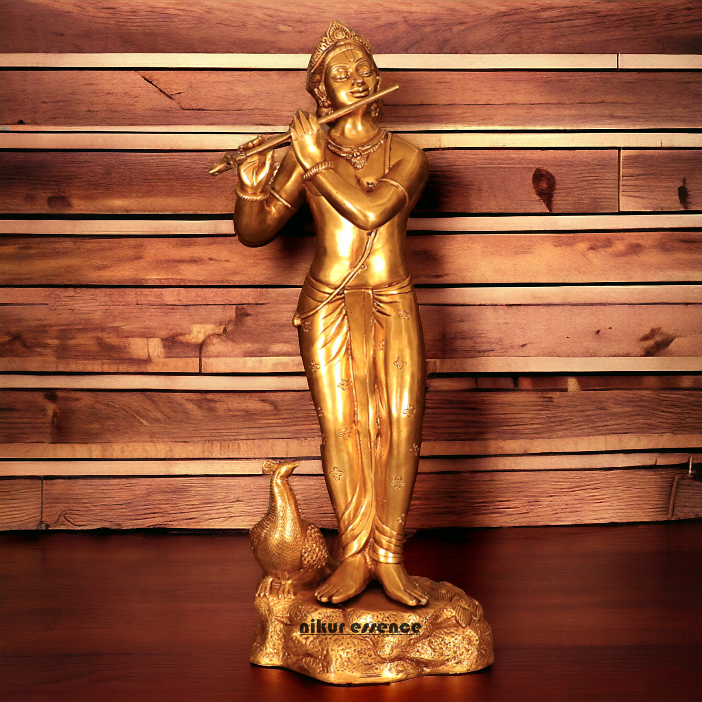 Brass Krishna Murli Playing Flute with peacock statue - 29 inches Nikuressence