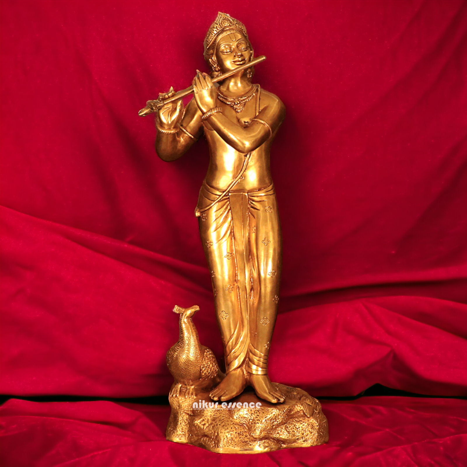 Brass Krishna Murli Playing Flute with peacock statue - 29 inches Nikuressence