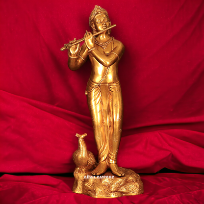 Brass Krishna Murli Playing Flute with peacock statue - 29 inches Nikuressence
