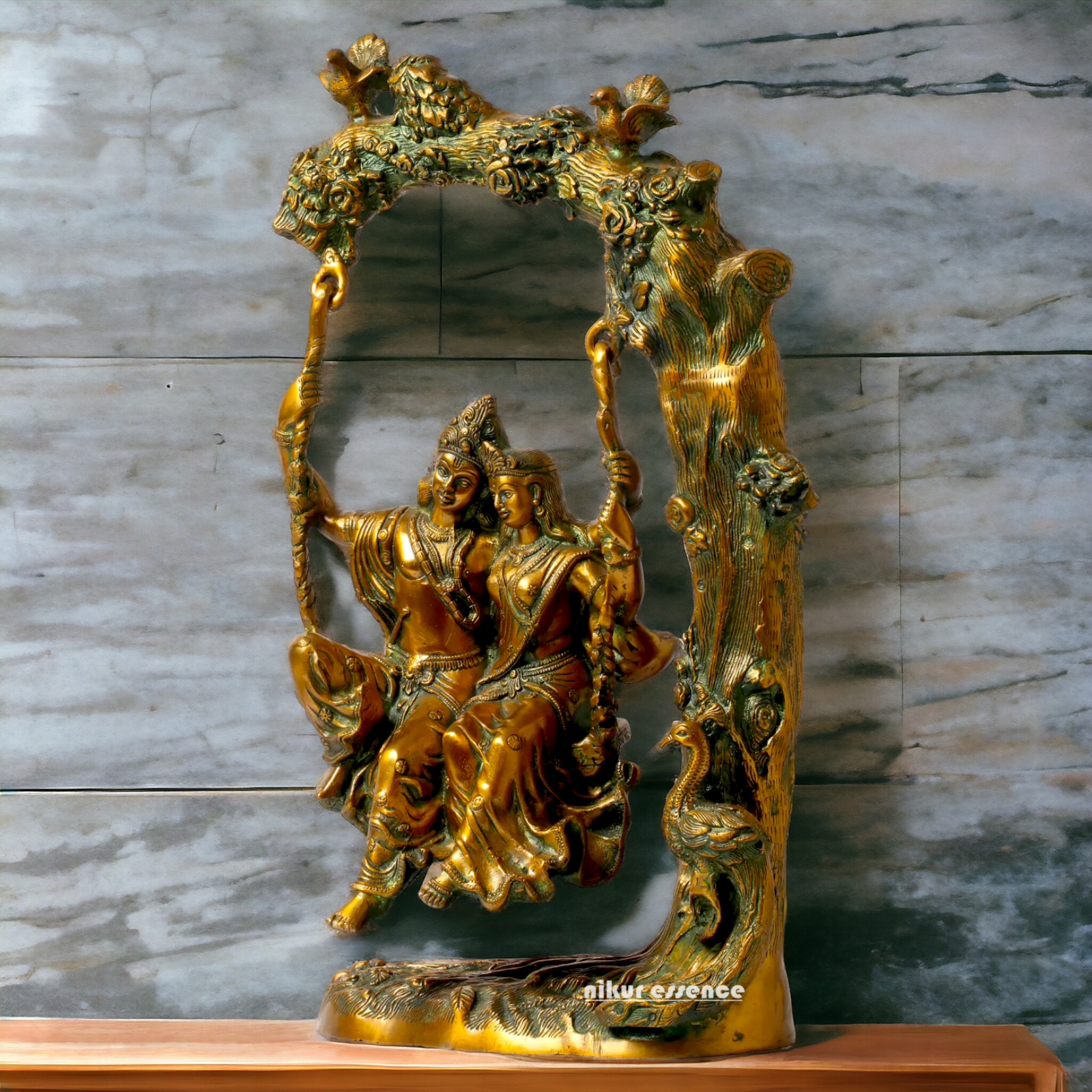 Brass Radha Krishna Sitting on Jhula Swinging Idol - 22.7 inches Nikuressence