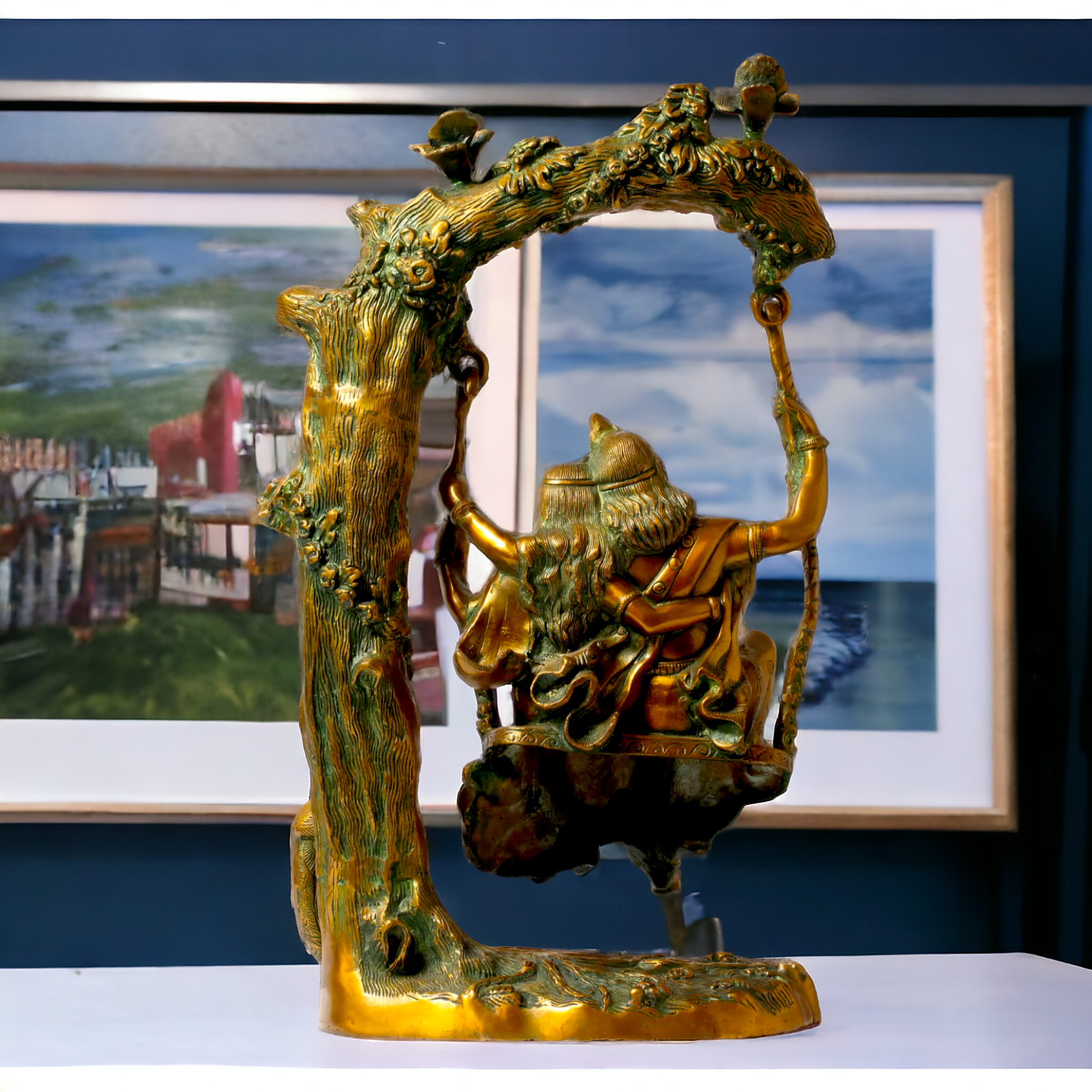 Brass Radha Krishna Sitting on Jhula Swinging Idol - 22.7 inches Nikuressence