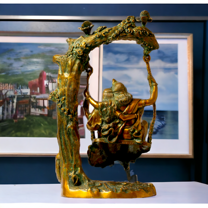 Brass Radha Krishna Sitting on Jhula Swinging Idol - 22.7 inches Nikuressence