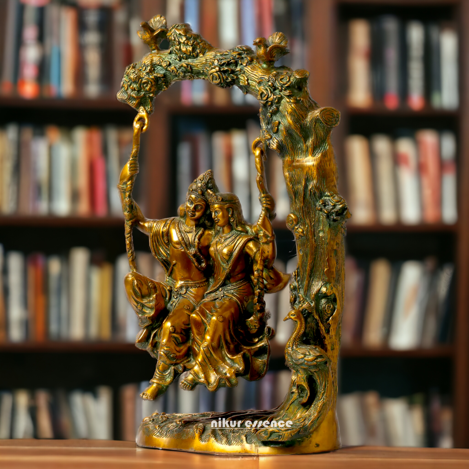 Brass Radha Krishna Sitting on Jhula Swinging Idol - 22.7 inches Nikuressence