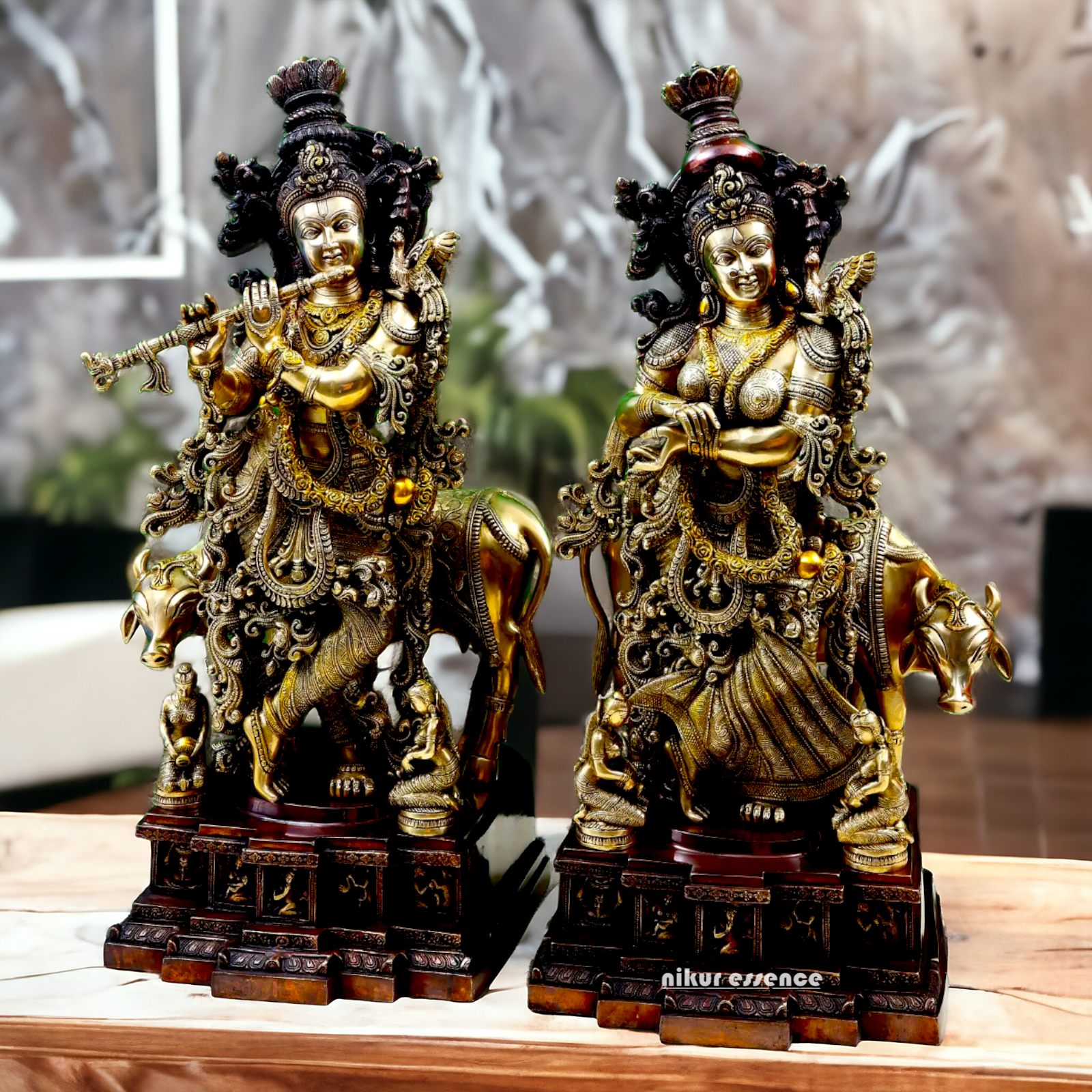 Large Radha Krishna Playing Flute Brass Idol - 28 inches Nikuressence