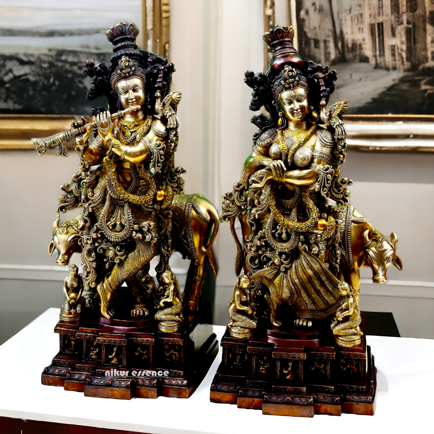 Large Radha Krishna Playing Flute Brass Idol - 28 inches Nikuressence