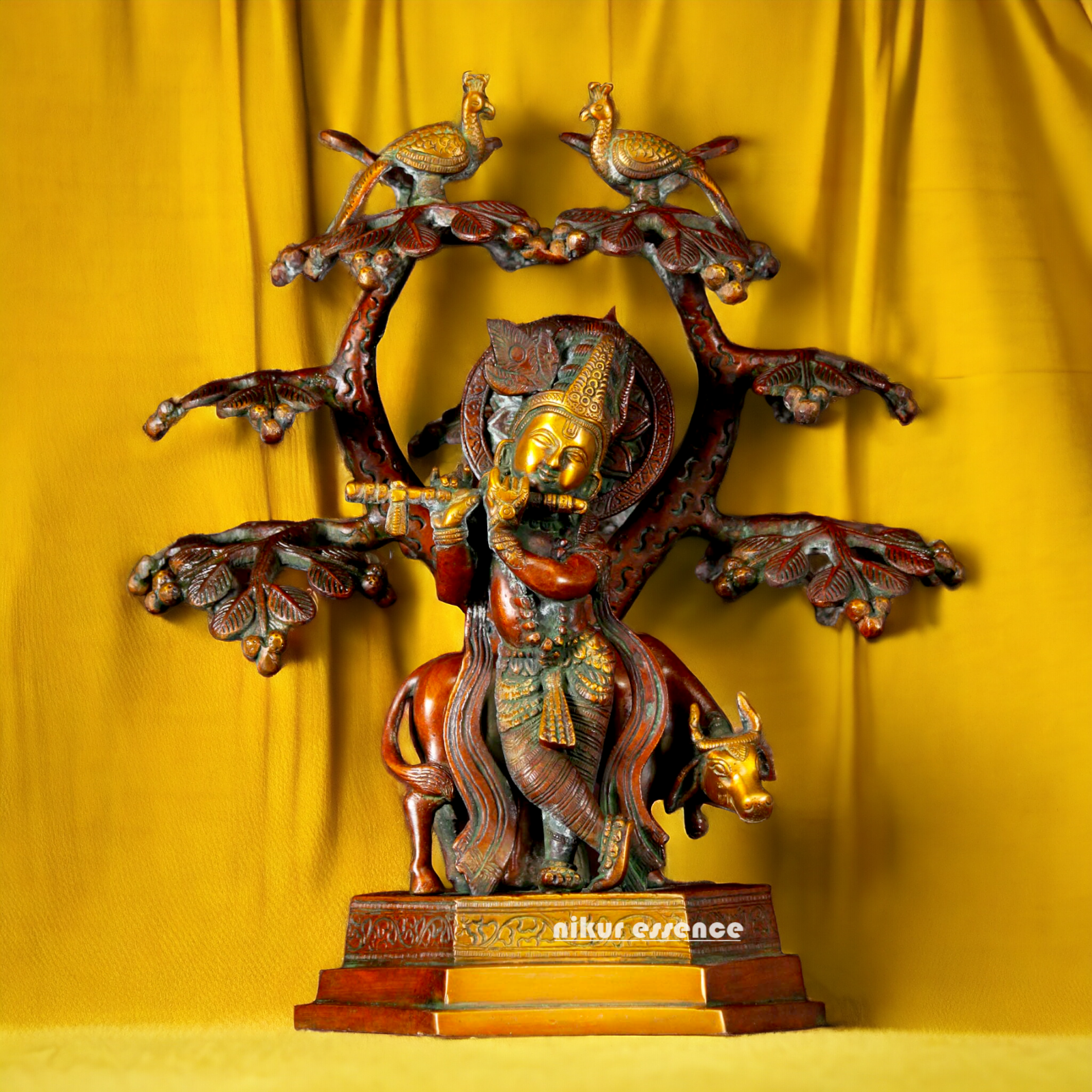 Buy Krishna Cow with Tree and Peacock brass idol - 13 inches Nikuressence