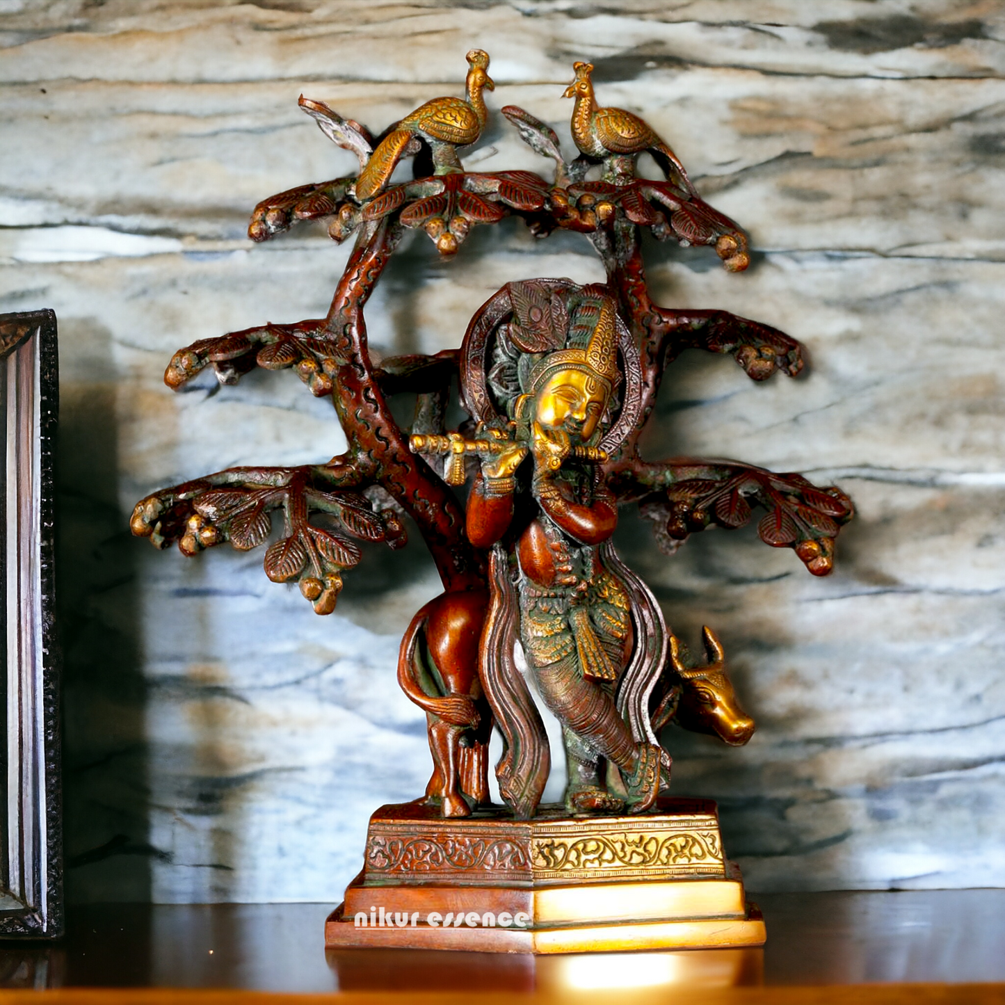 Buy Krishna Cow with Tree and Peacock brass idol - 13 inches Nikuressence