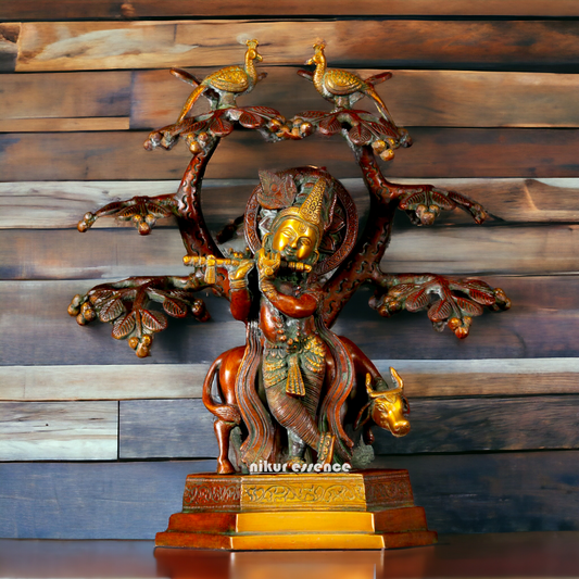 Buy Krishna Cow with Tree and Peacock brass idol - 13 inches Nikuressence
