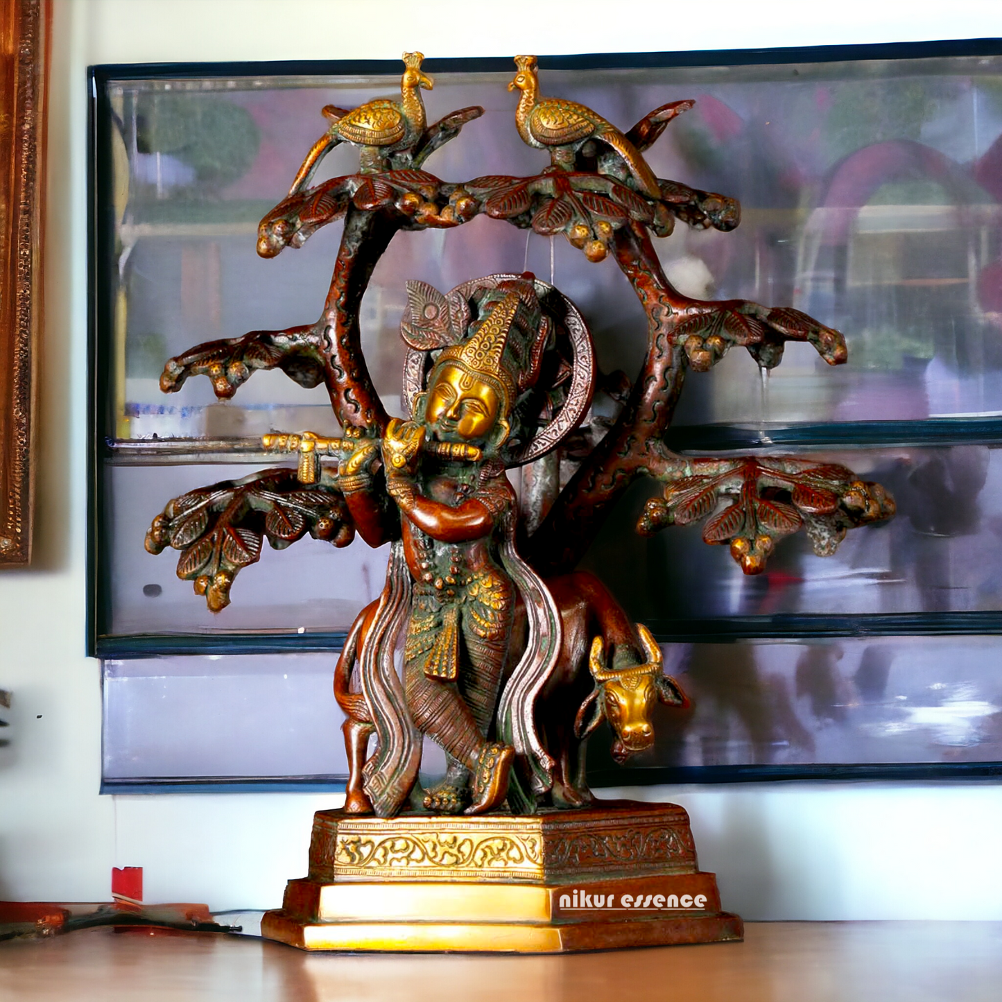 Buy Krishna Cow with Tree and Peacock brass idol - 13 inches Nikuressence