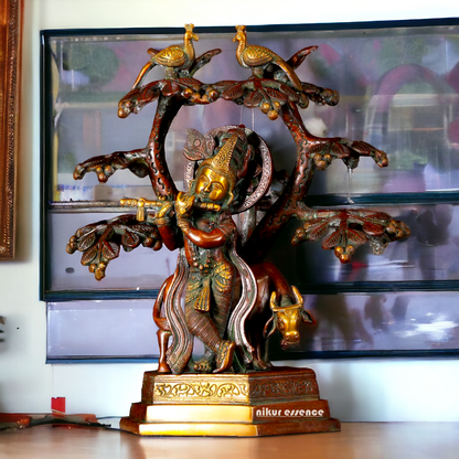 Buy Krishna Cow with Tree and Peacock brass idol - 13 inches Nikuressence