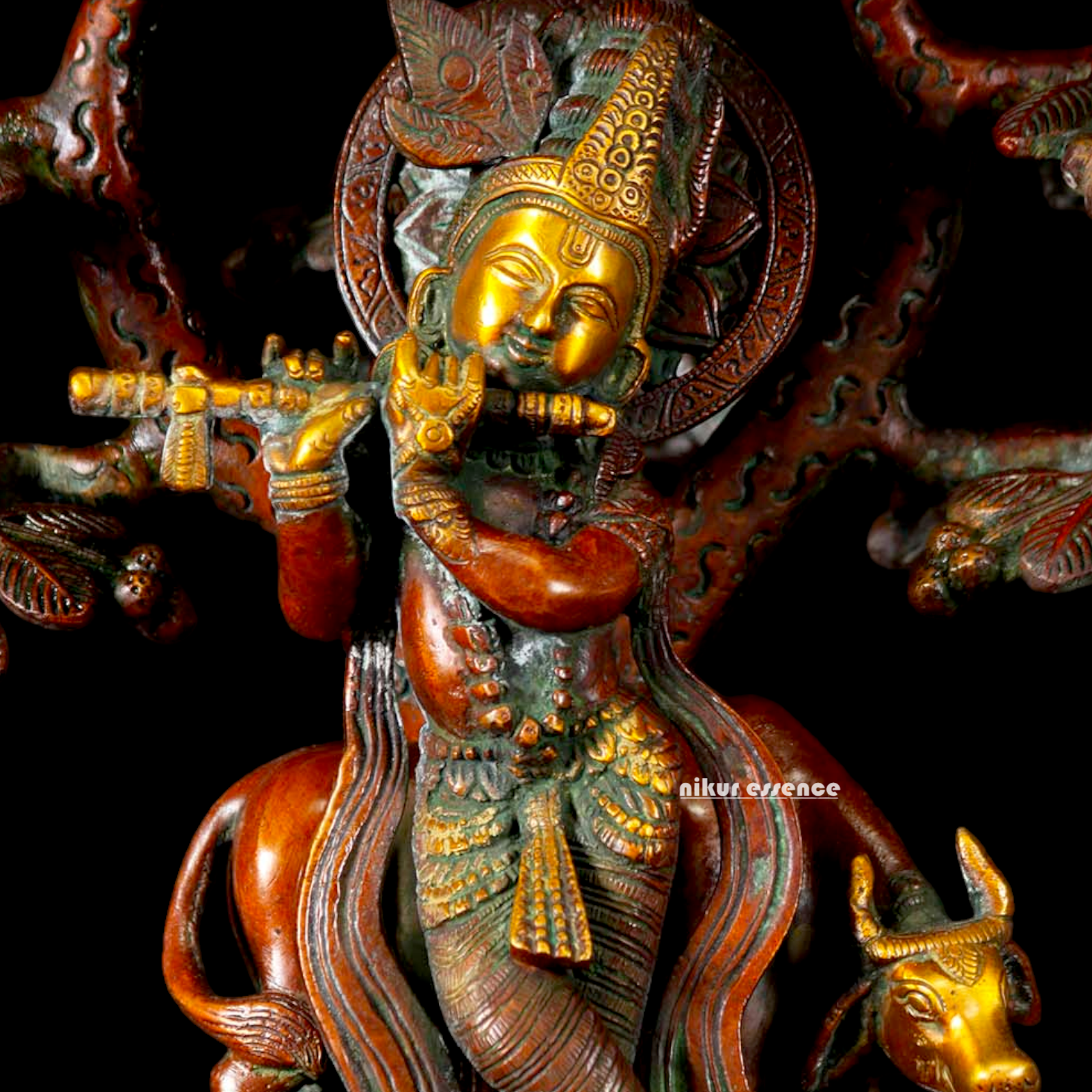 Buy Krishna Cow with Tree and Peacock brass idol - 13 inches Nikuressence