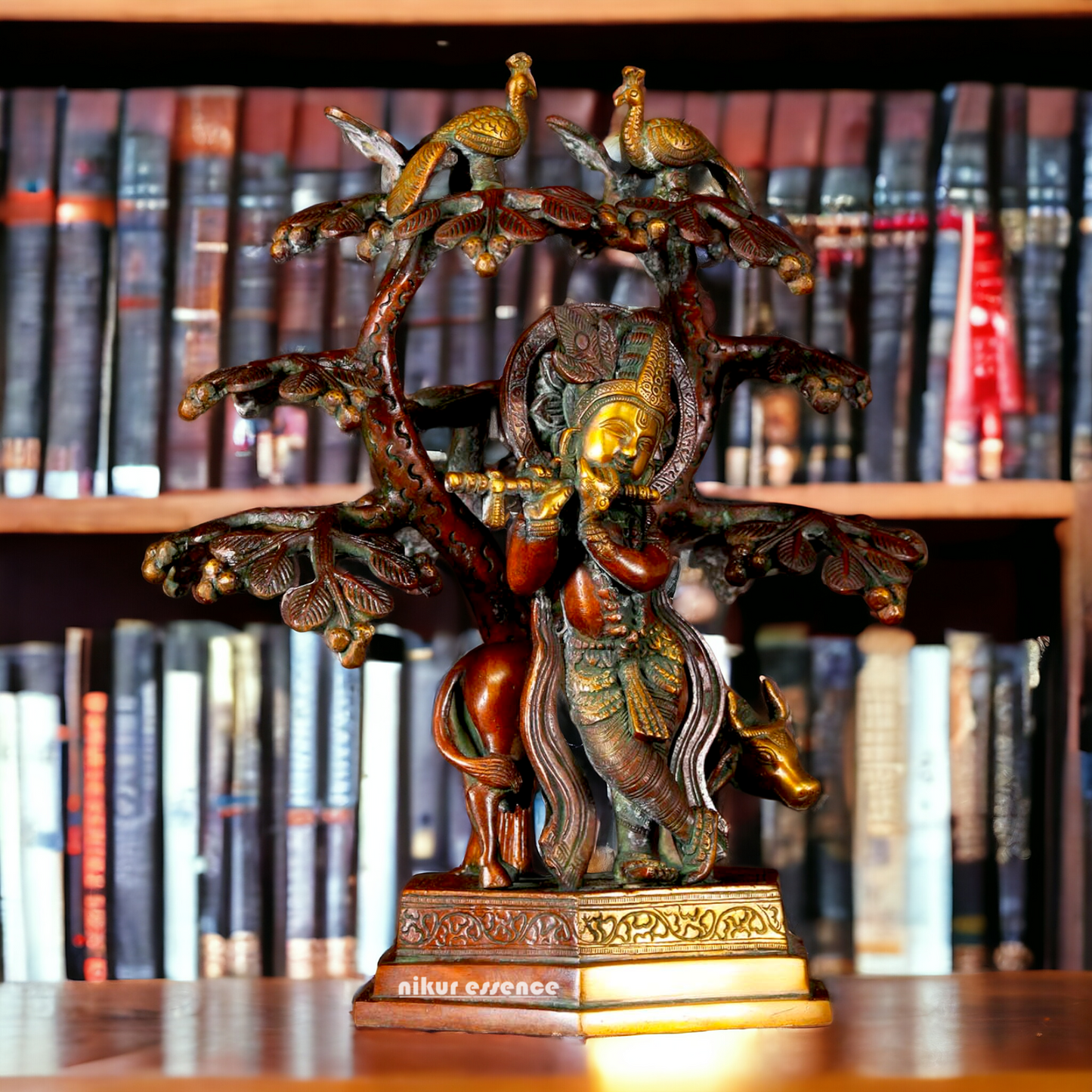 Buy Krishna Cow with Tree and Peacock brass idol - 13 inches Nikuressence