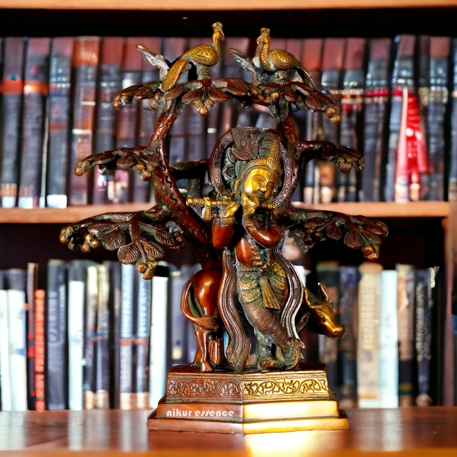 Buy Krishna Cow with Tree and Peacock brass idol - 13 inches Nikuressence