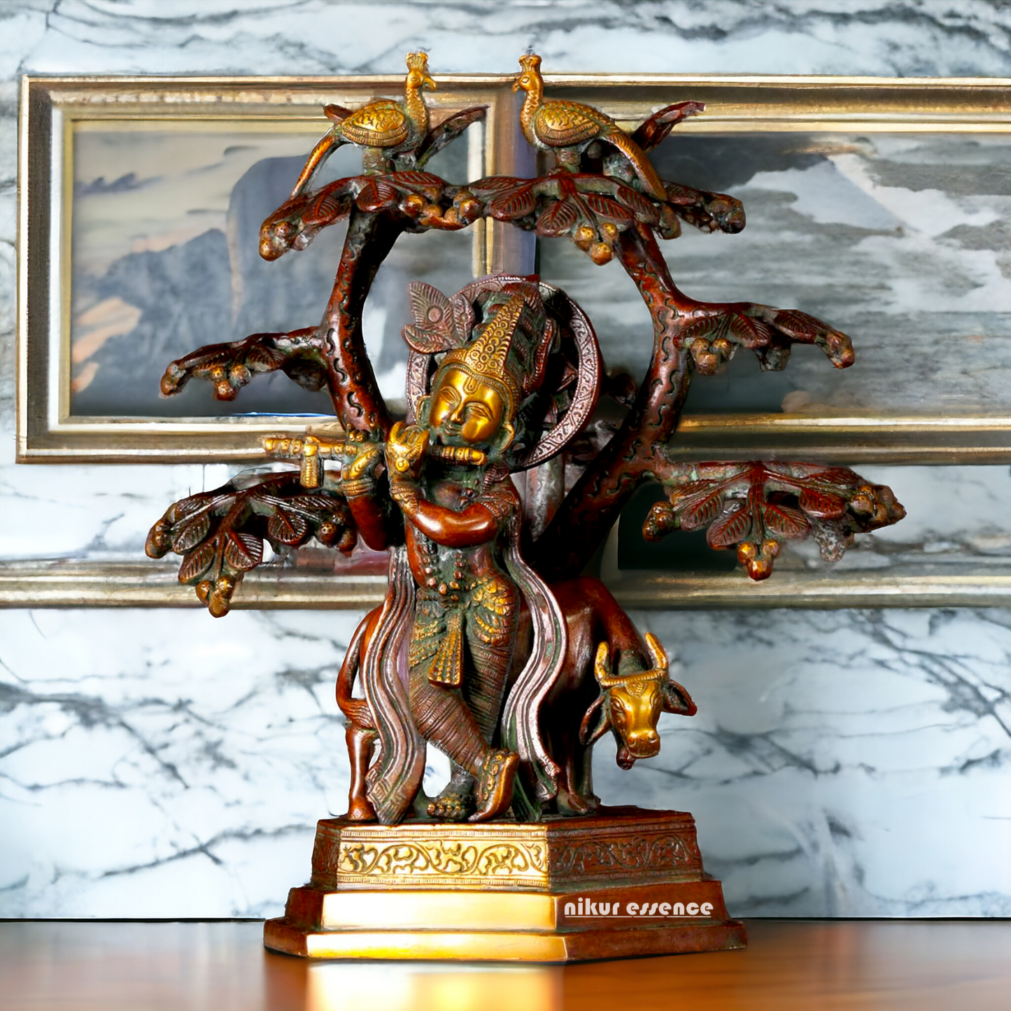 Buy Krishna Cow with Tree and Peacock brass idol - 13 inches Nikuressence