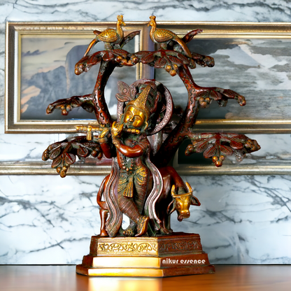 Buy Krishna Cow with Tree and Peacock brass idol - 13 inches Nikuressence