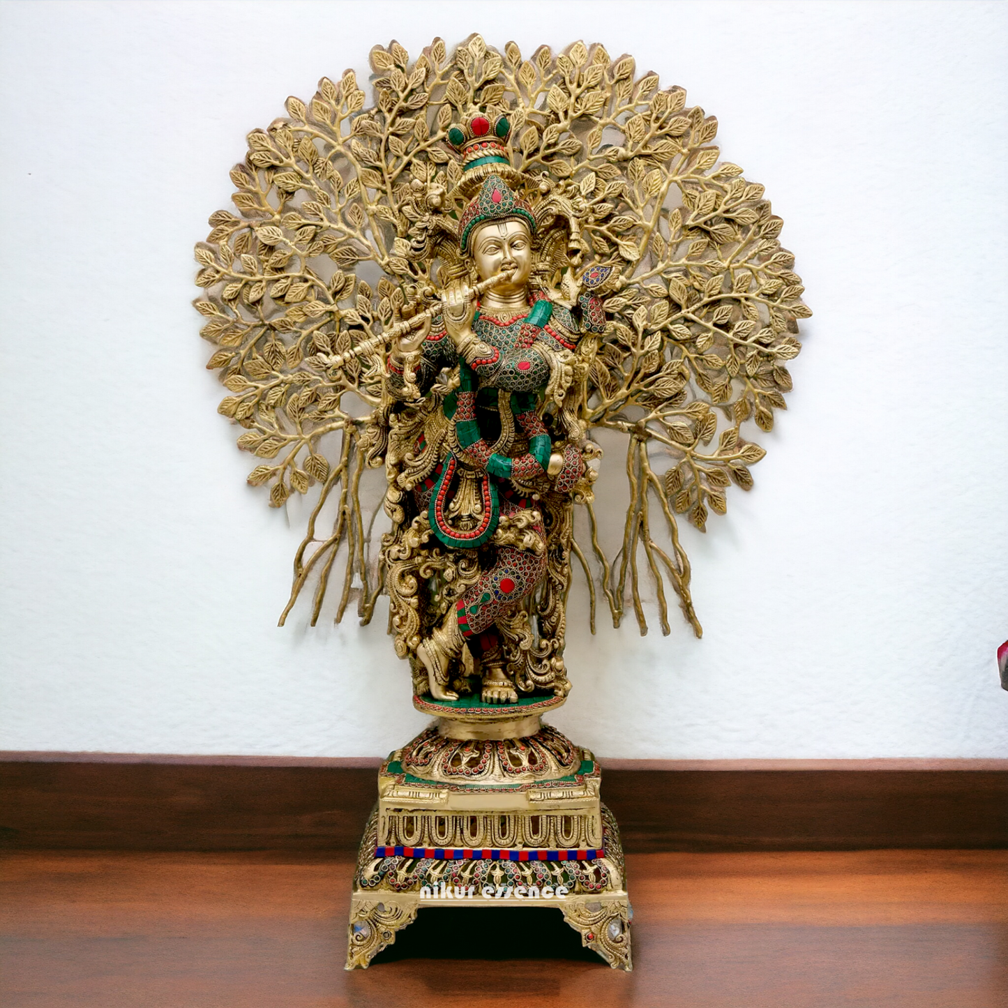 Big Krishna With Tree Brass with Stone Work Beauty idol - 35 inches Nikuressence