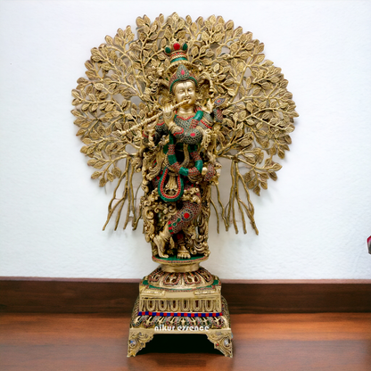 Big Krishna With Tree Brass with Stone Work Beauty idol - 35 inches Nikuressence