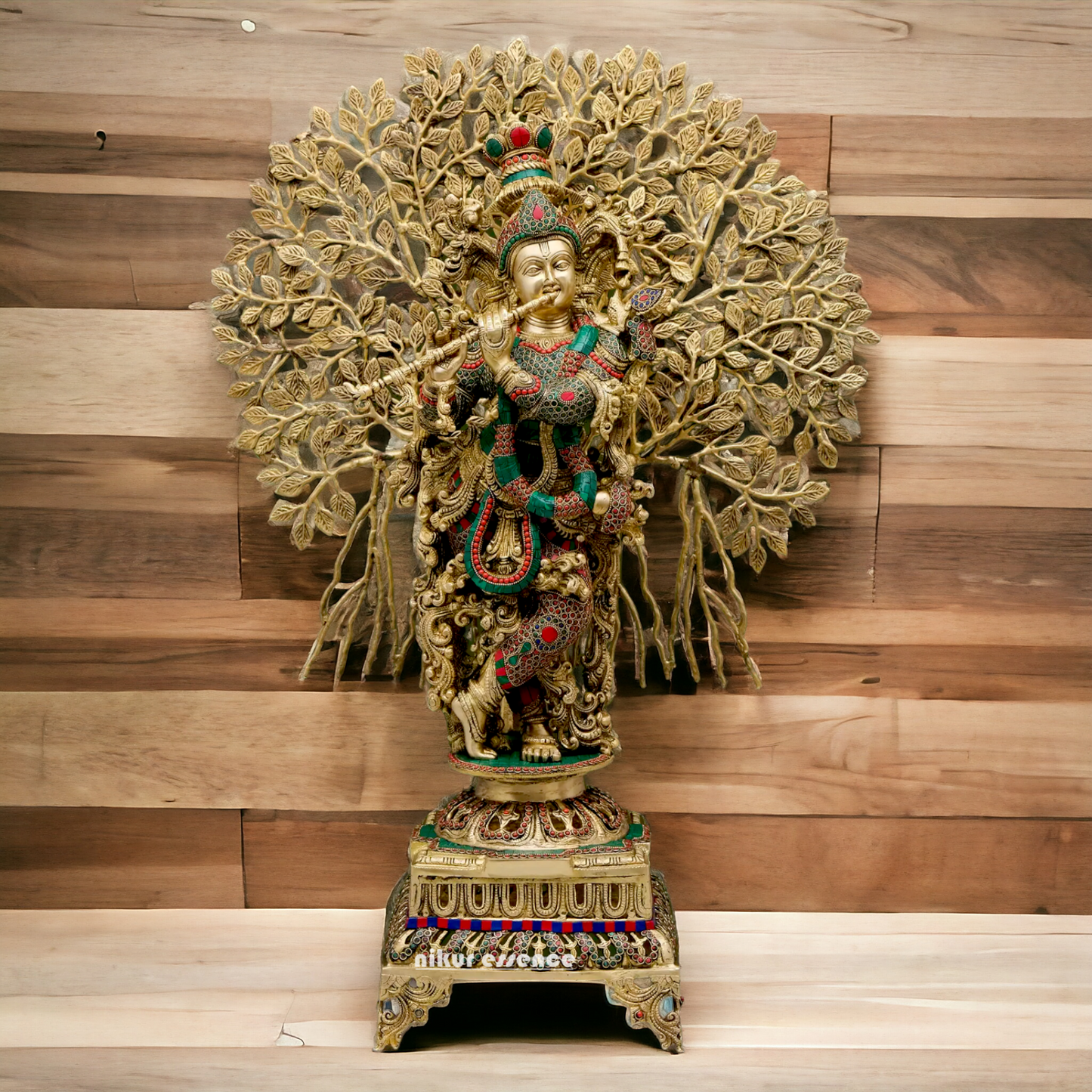 Big Krishna With Tree Brass with Stone Work Beauty idol - 35 inches Nikuressence