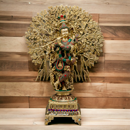 Big Krishna With Tree Brass with Stone Work Beauty idol - 35 inches Nikuressence