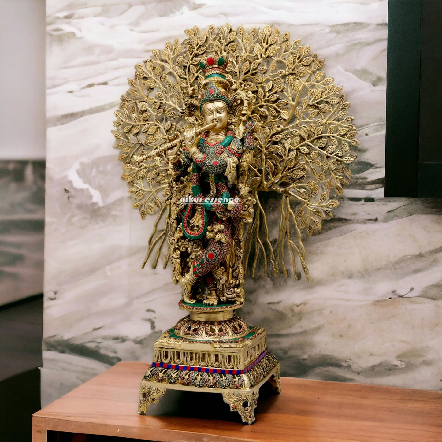 Big Krishna With Tree Brass with Stone Work Beauty idol - 35 inches Nikuressence