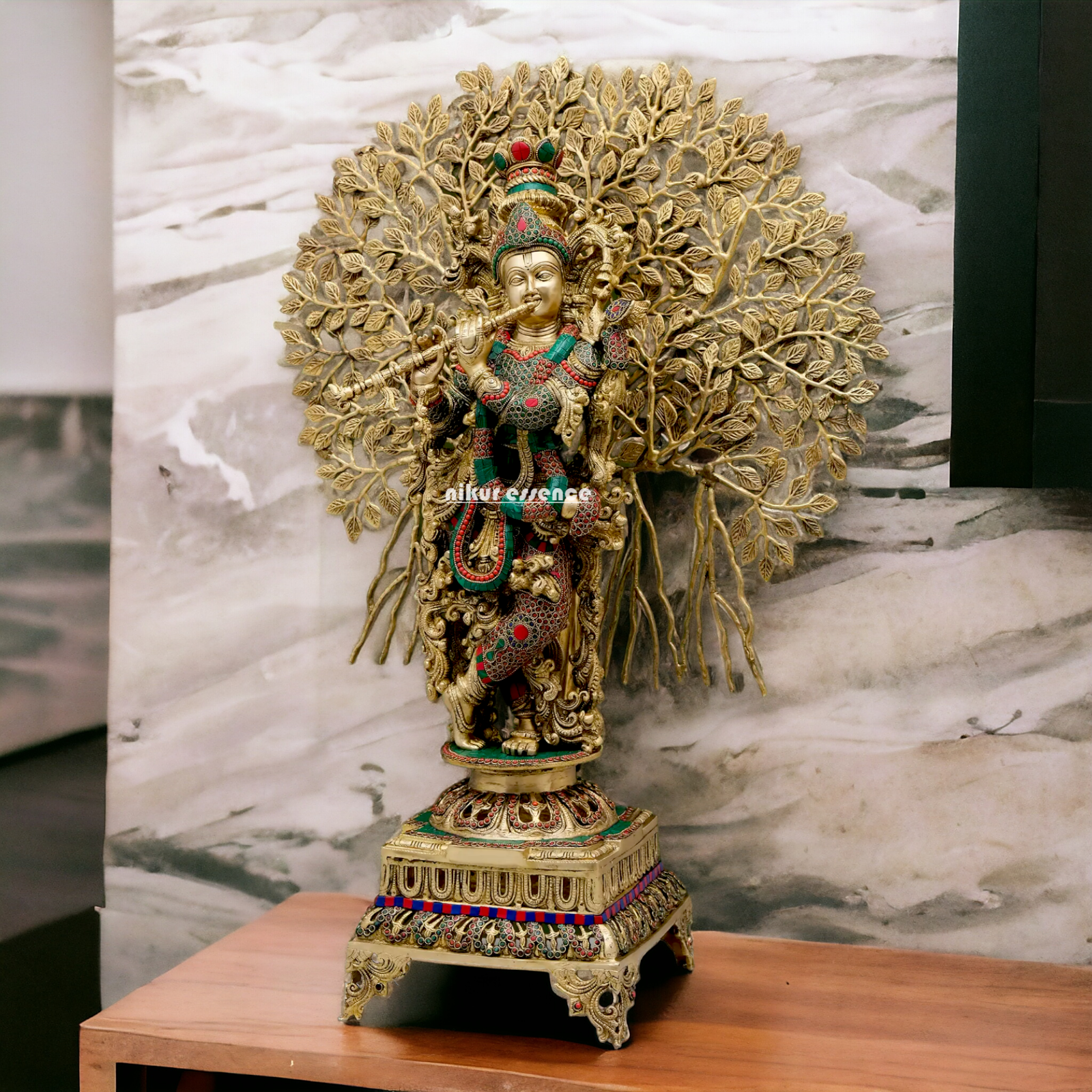 Big Krishna With Tree Brass with Stone Work Beauty idol - 35 inches Nikuressence