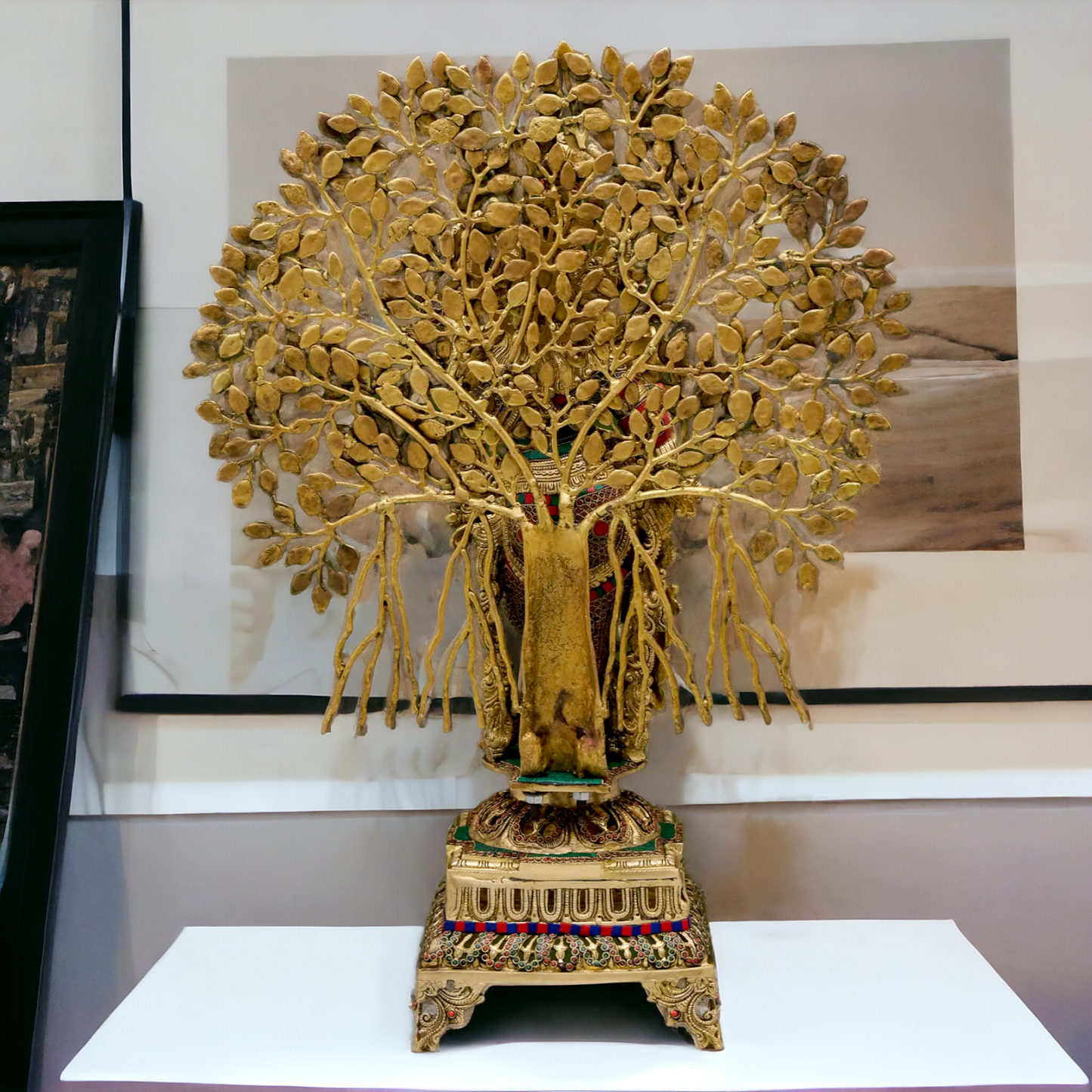 Big Krishna With Tree Brass with Stone Work Beauty idol - 35 inches Nikuressence